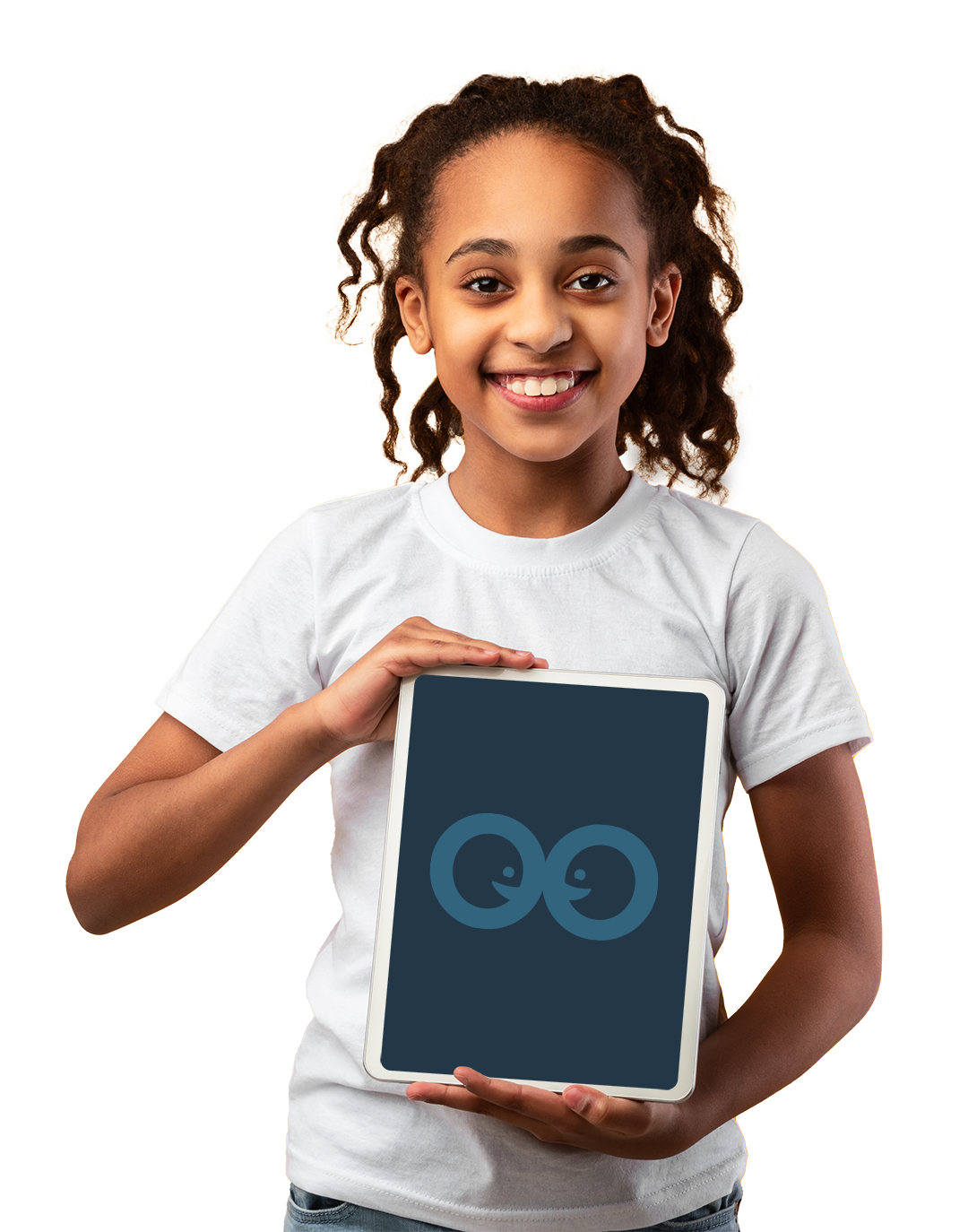 A cure curly hair girl holding an ipad